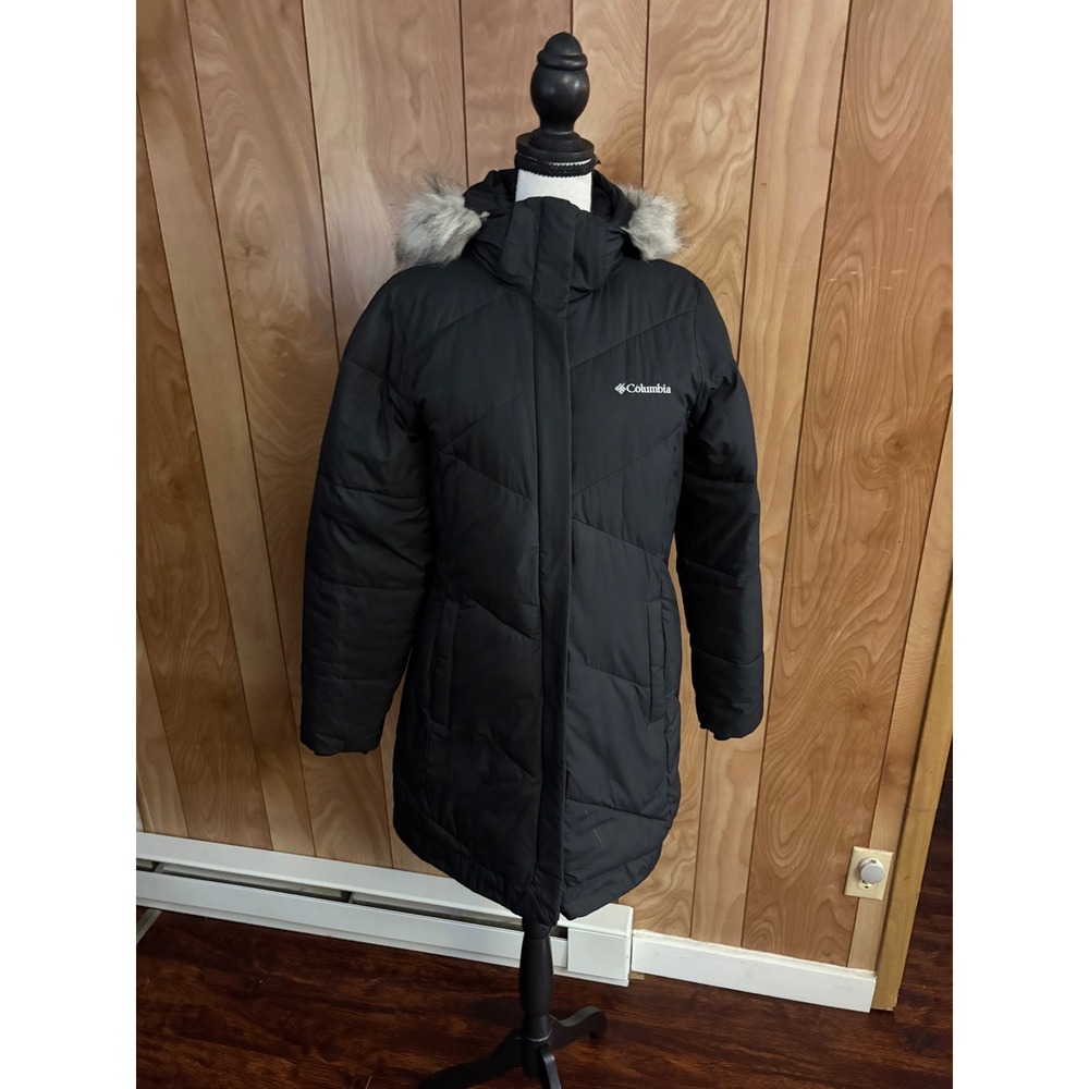 Columbia Womens Black Puffer Parka Jacket Faux Fur Hood Insulated Winter Coat S